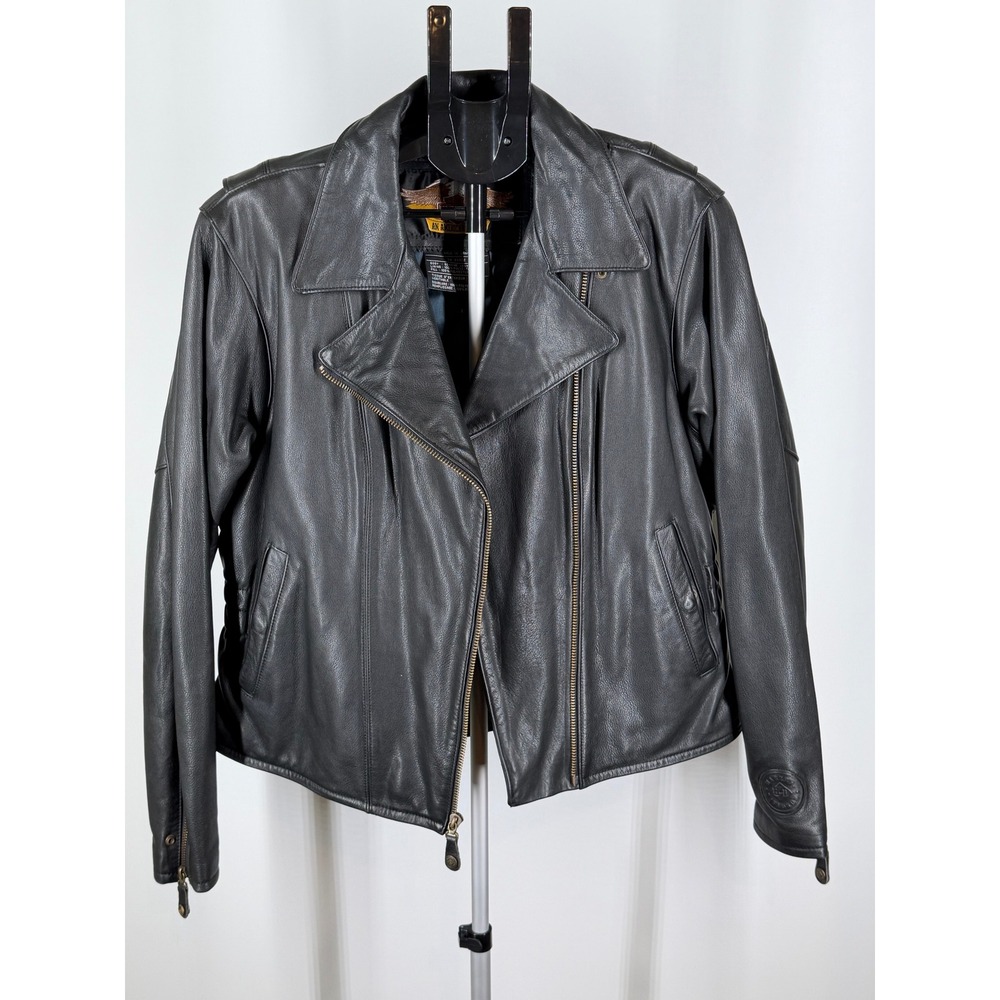 Harley Davidson Womens XL Black Leather Biker Jacket Winged Logo Studded Back